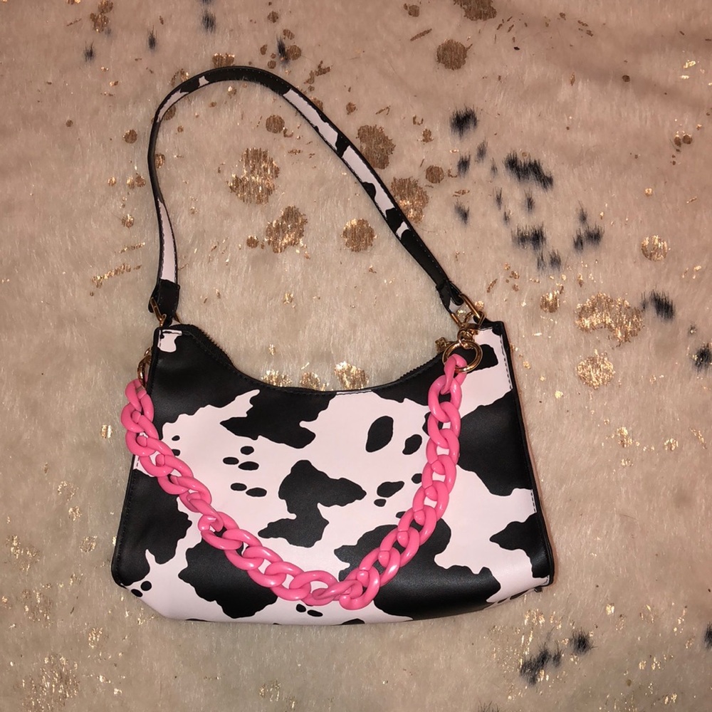 Y2K Cow Print Small Shoulder Bag With Candy Pink Chain